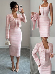 Elegant Tweed Blazer & Dress Set for Women – Formal Two-Piece Suit UAE